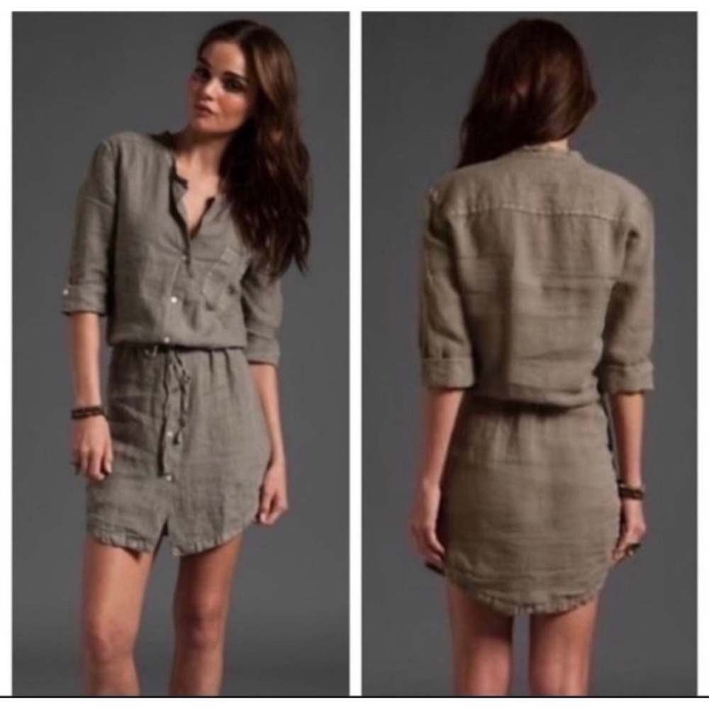 Standard James Perse Linen Shirt Dress Olive Green Size Medium 2